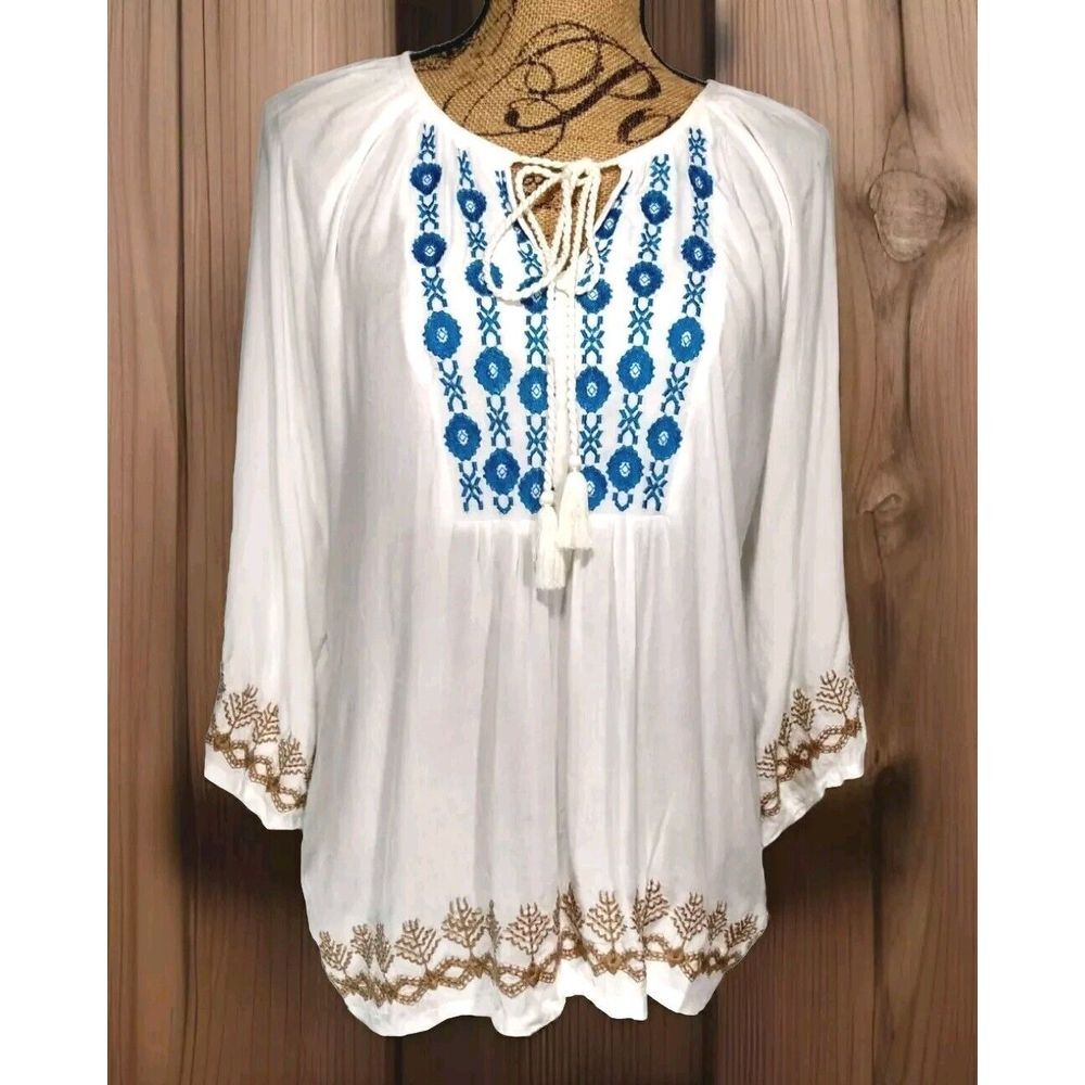 Maude Vivante Women Embroidery Boho Teal /Brown Top Size Small